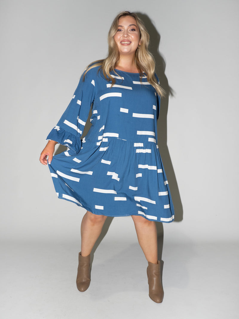 Bar Code Frill Dress in Blue