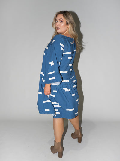 Bar Code Frill Dress in Blue