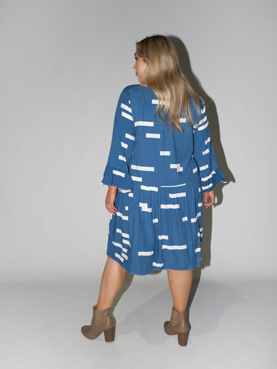 Bar Code Frill Dress in Blue