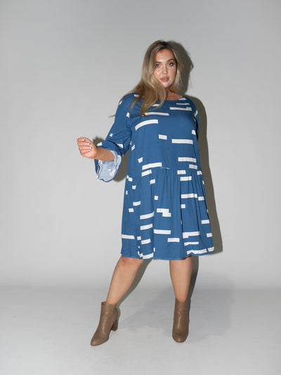 Bar Code Frill Dress in Blue