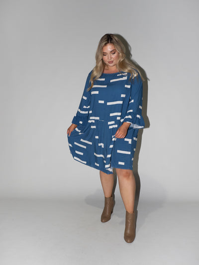 Bar Code Frill Dress in Blue