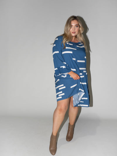 Bar Code Frill Dress in Blue