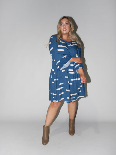 Bar Code Frill Dress in Blue