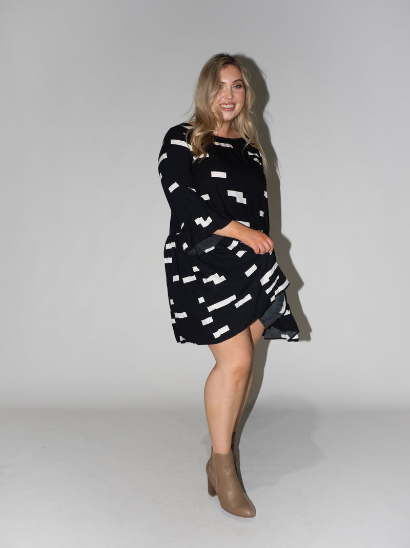 Bar Code Frill Dress in Black