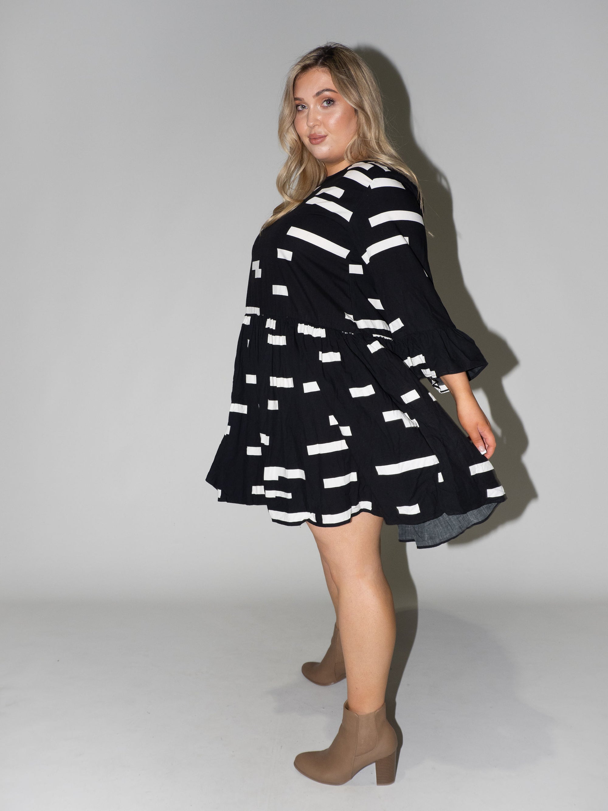 Bar Code Frill Dress in Black