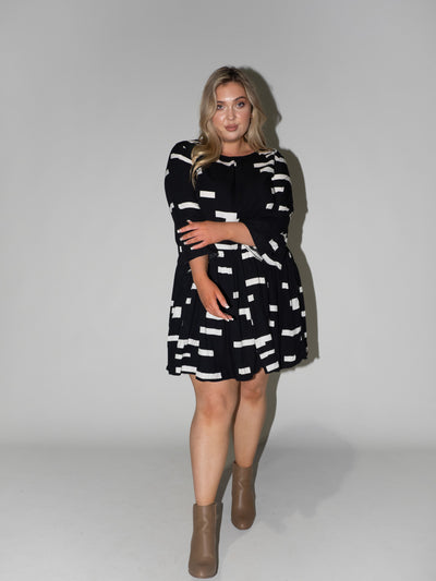 Bar Code Frill Dress in Black