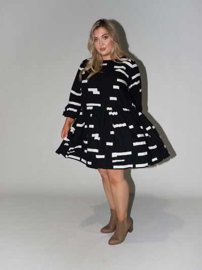 Bar Code Frill Dress in Black